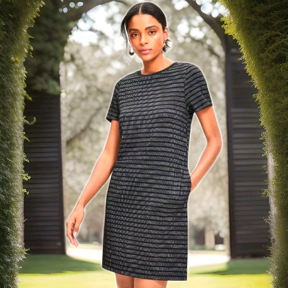Loft Swing Mini Pocket Tee Dress Pockets Black White Knit Short Sleeve Sz XS